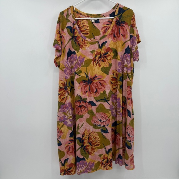 Terra Sky Dress Women 0X Pink Green Floral Short Sleeve Shirt Comfy Pockets - Picture 1 of 10